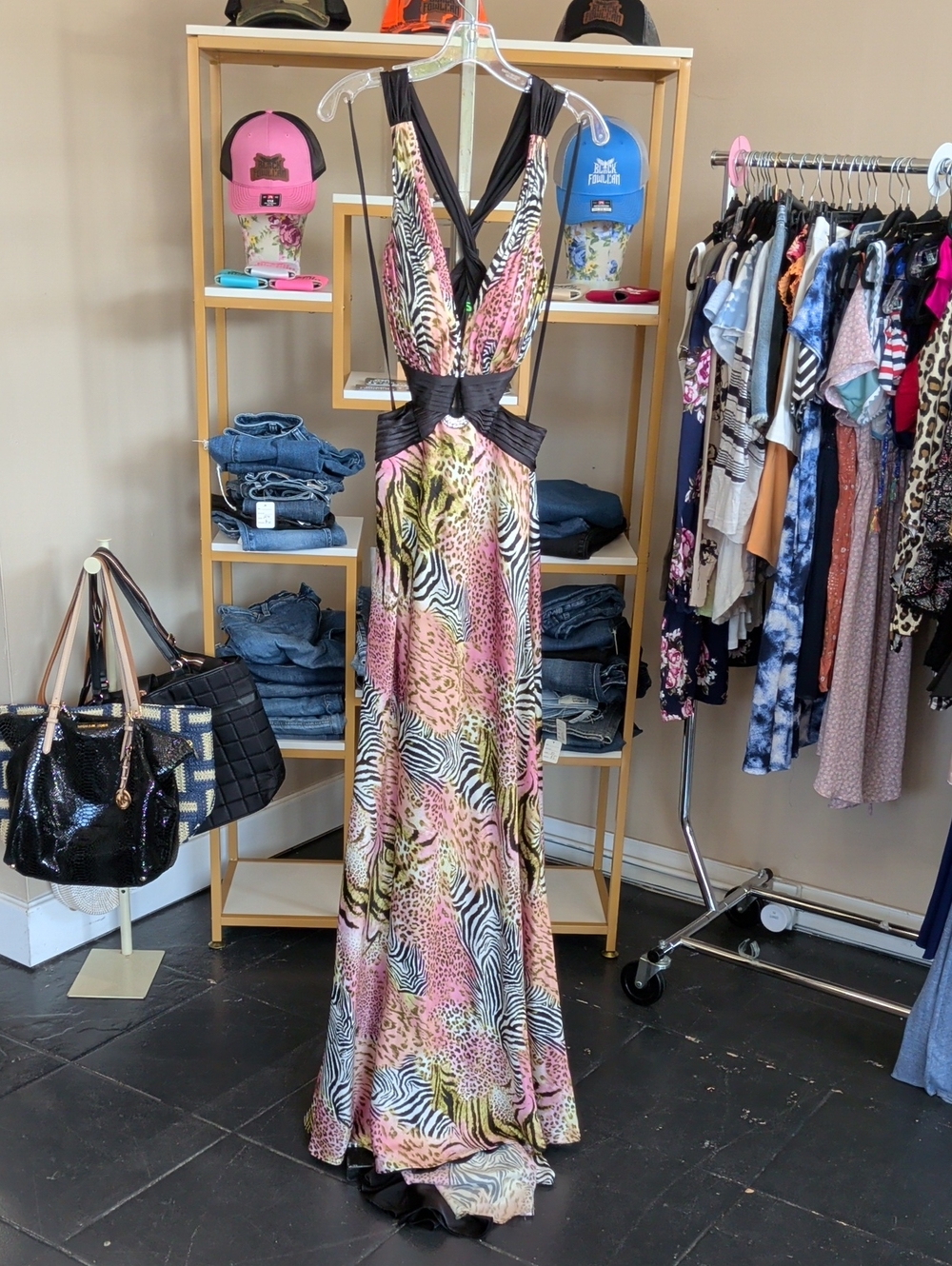Y2K Vintage Pink Animal-Print Satin Prom Dress